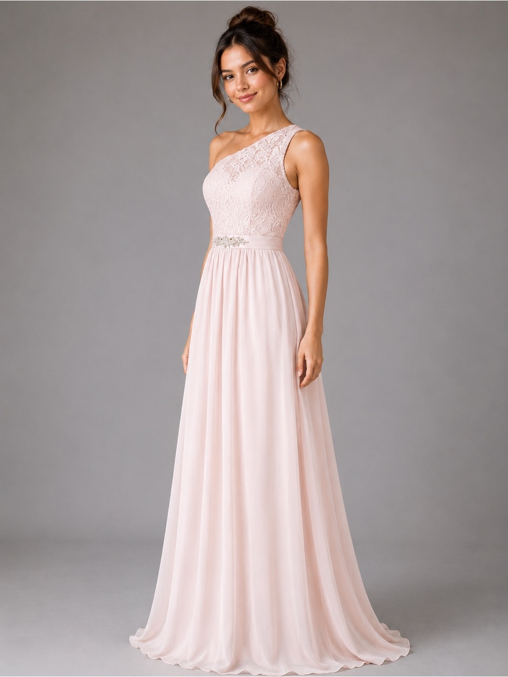 Adrianna Papell Blush Lace Crystal Embellished One-Shoulder Formal Gown - Picture 2 of 12